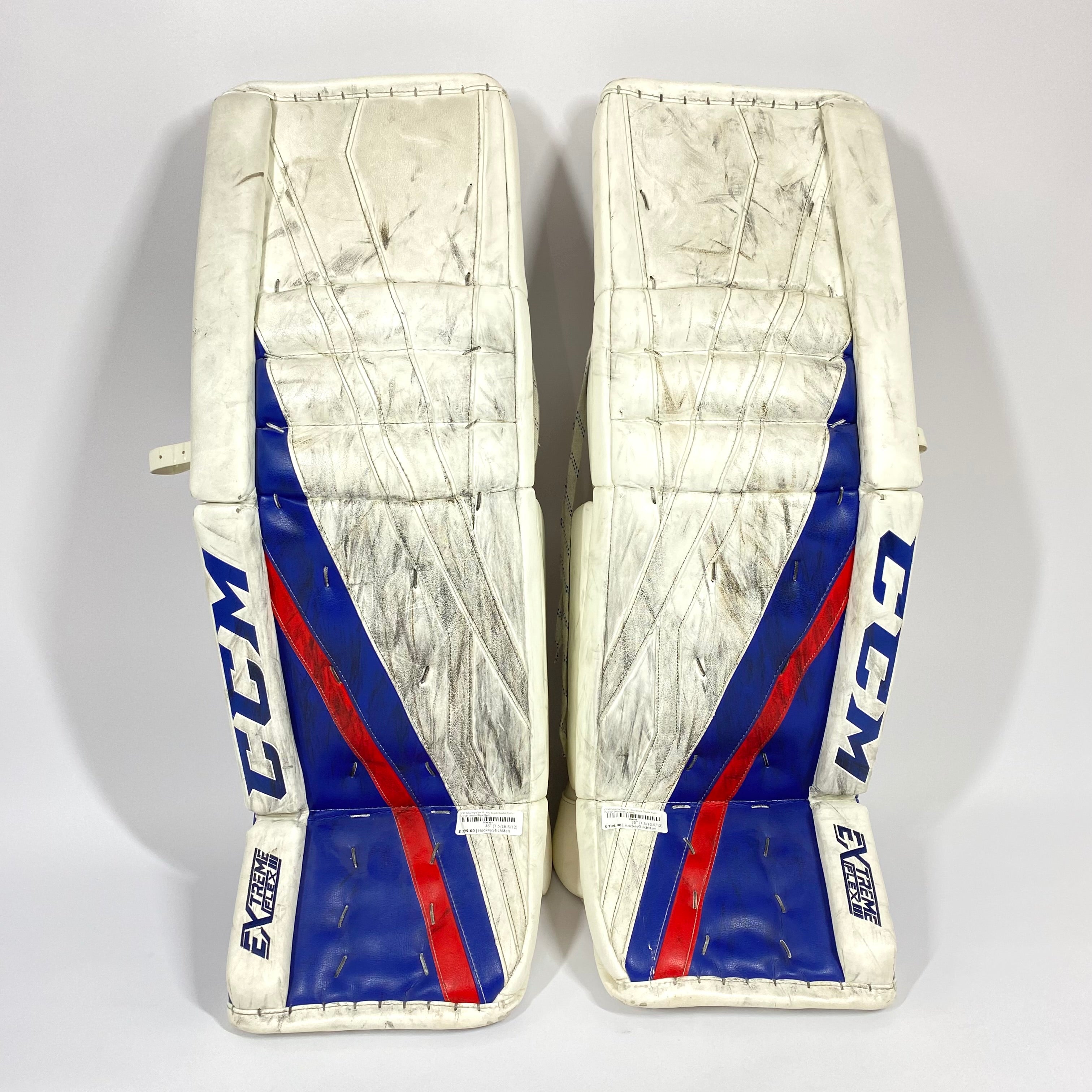 CCM Extreme Flex III - Jambières de gardien de but Pro Stock d'occasion - Ensemble complet (blanc/bleu/rouge)